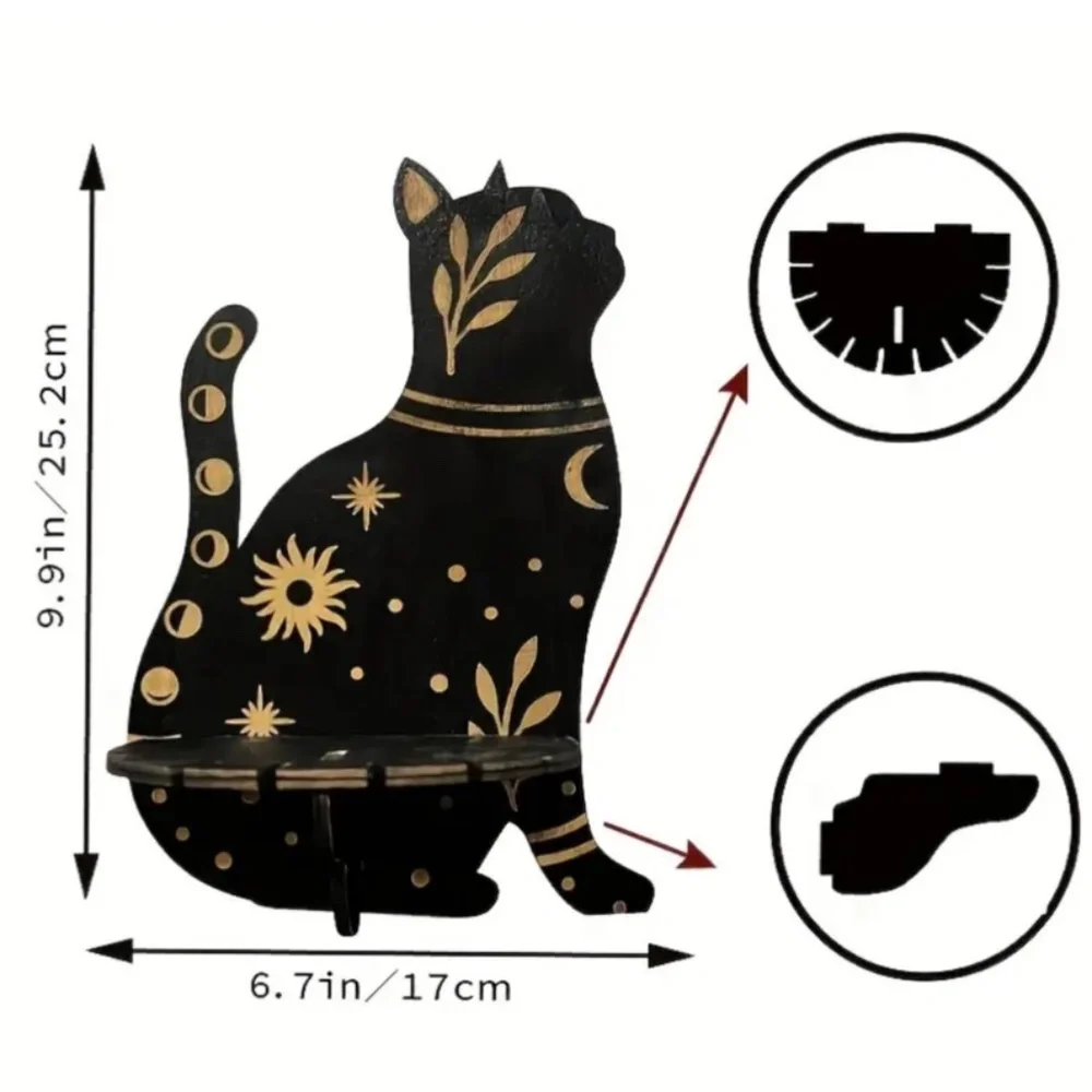 NEW! Majestic Black and Gold Sitting Cat Crystal / Gemstone Display Wall Shelf!